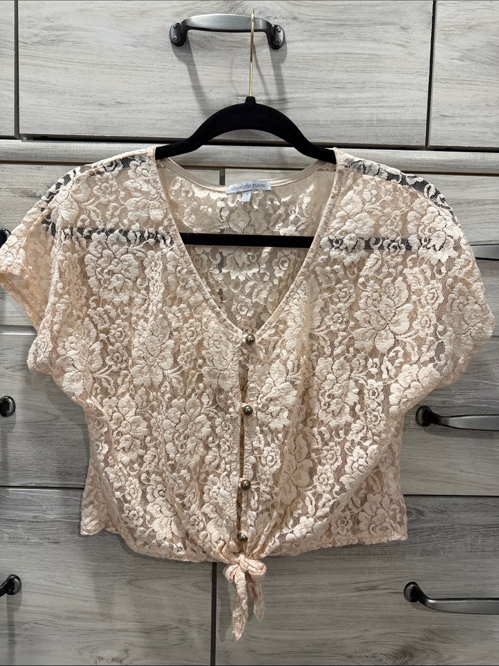 Charlotte Russe Beige Lace Tie-Front Blouse